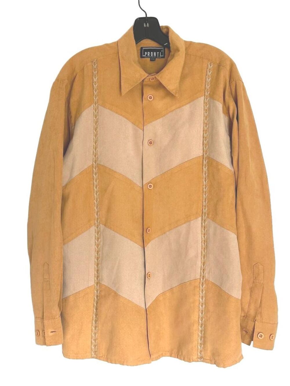 Pronti by Phita Men’s Yellow Cream Chevron Faux Suede Button-Up Shirt - Size M